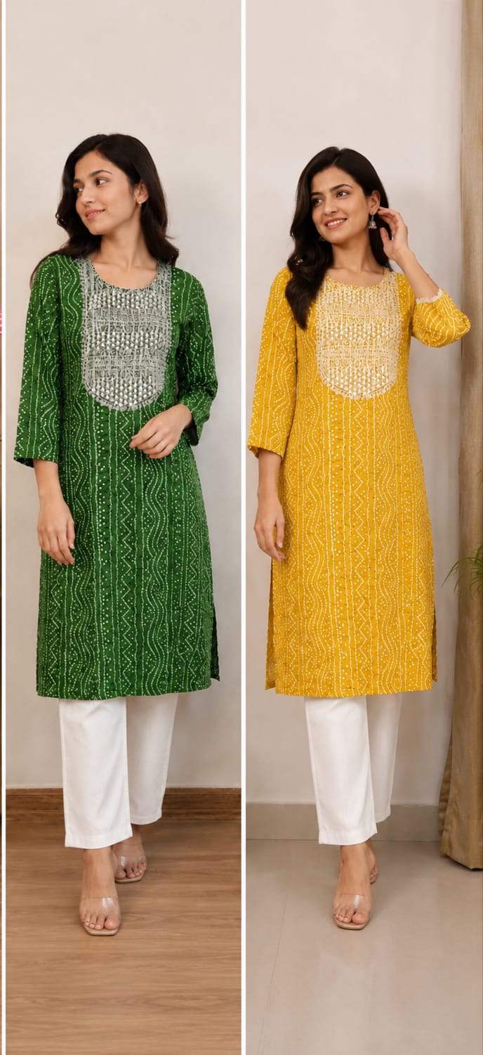 Bandhani Cotton Kurta | Resham Embroidered Yoke with Mirror Work | Jaipur Trendzz