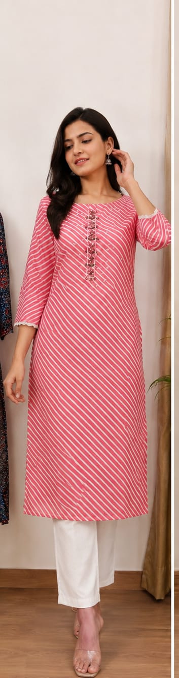 Vibrant Pink Leheriya Straight Kurti | Floral Embroidery & Mirror Work | Jaipur Trendz