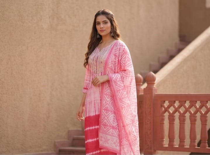 Captivating Pink Tie-Dye Kurti Set | Mirror Work & Embroidery | Jaipur Trendz