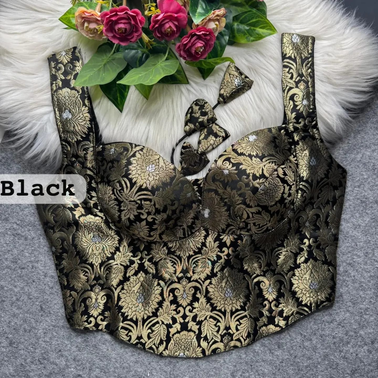 Majestic Banarasi Brocade Corset Blouse with Sweetheart Neck and Dori Tassels
