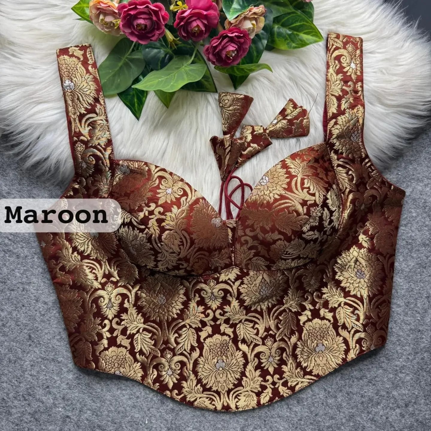 Majestic Banarasi Brocade Corset Blouse with Sweetheart Neck and Dori Tassels