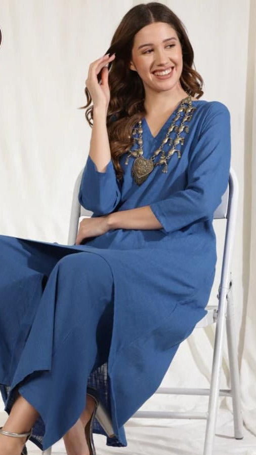Slub Cotton High-Low Kurta Set With Flared Palazzo