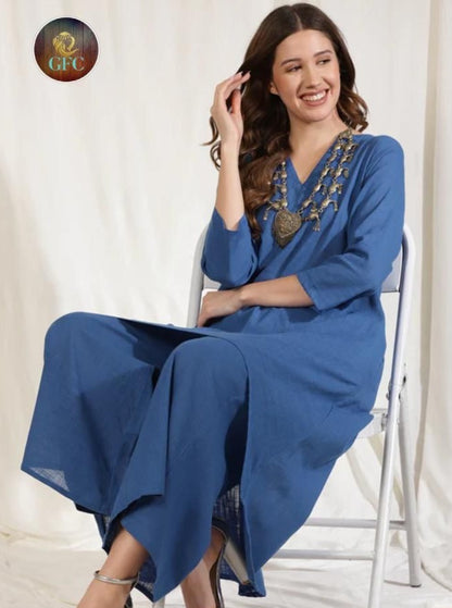 Slub Cotton High-Low Kurta Set With Flared Palazzo