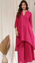 Slub Cotton High-Low Kurta Set With Flared Palazzo