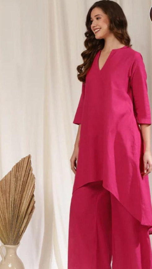 Slub Cotton High-Low Kurta Set With Flared Palazzo