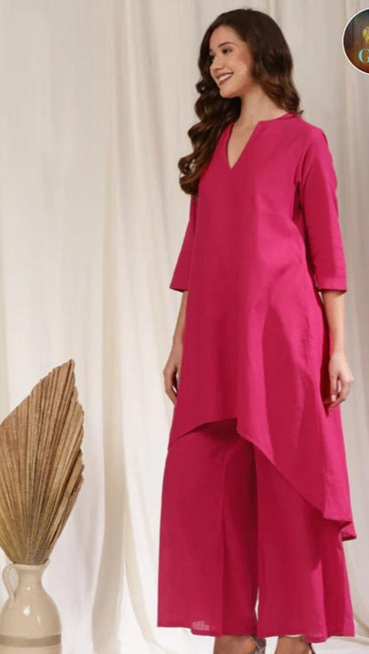 Slub Cotton High-Low Kurta Set With Flared Palazzo