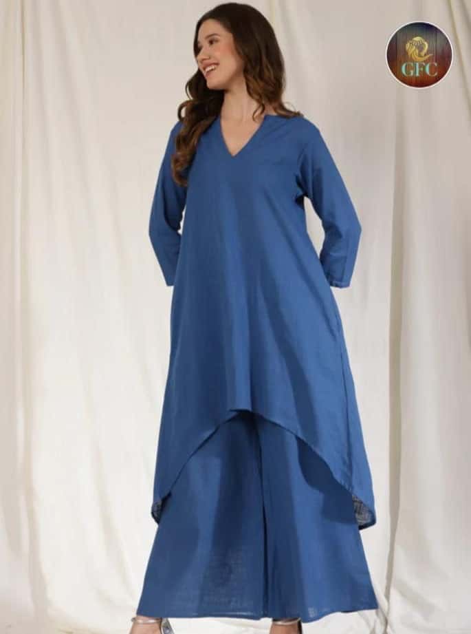 Slub Cotton High-Low Kurta Set with Flared Palazzo