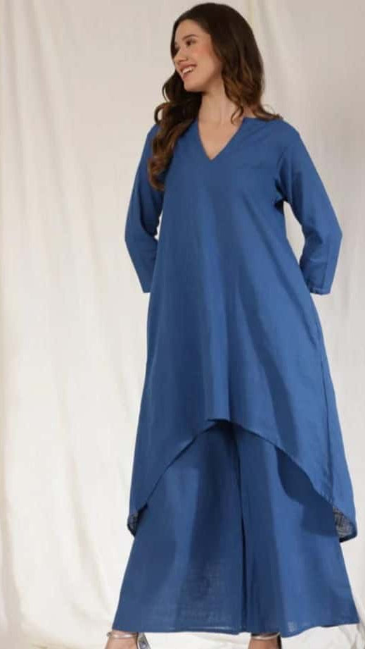 Slub Cotton High-Low Kurta Set With Flared Palazzo