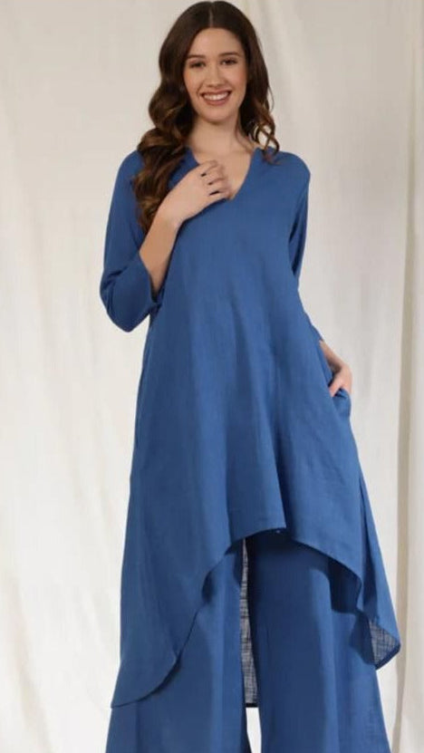 Slub Cotton High-Low Kurta Set With Flared Palazzo