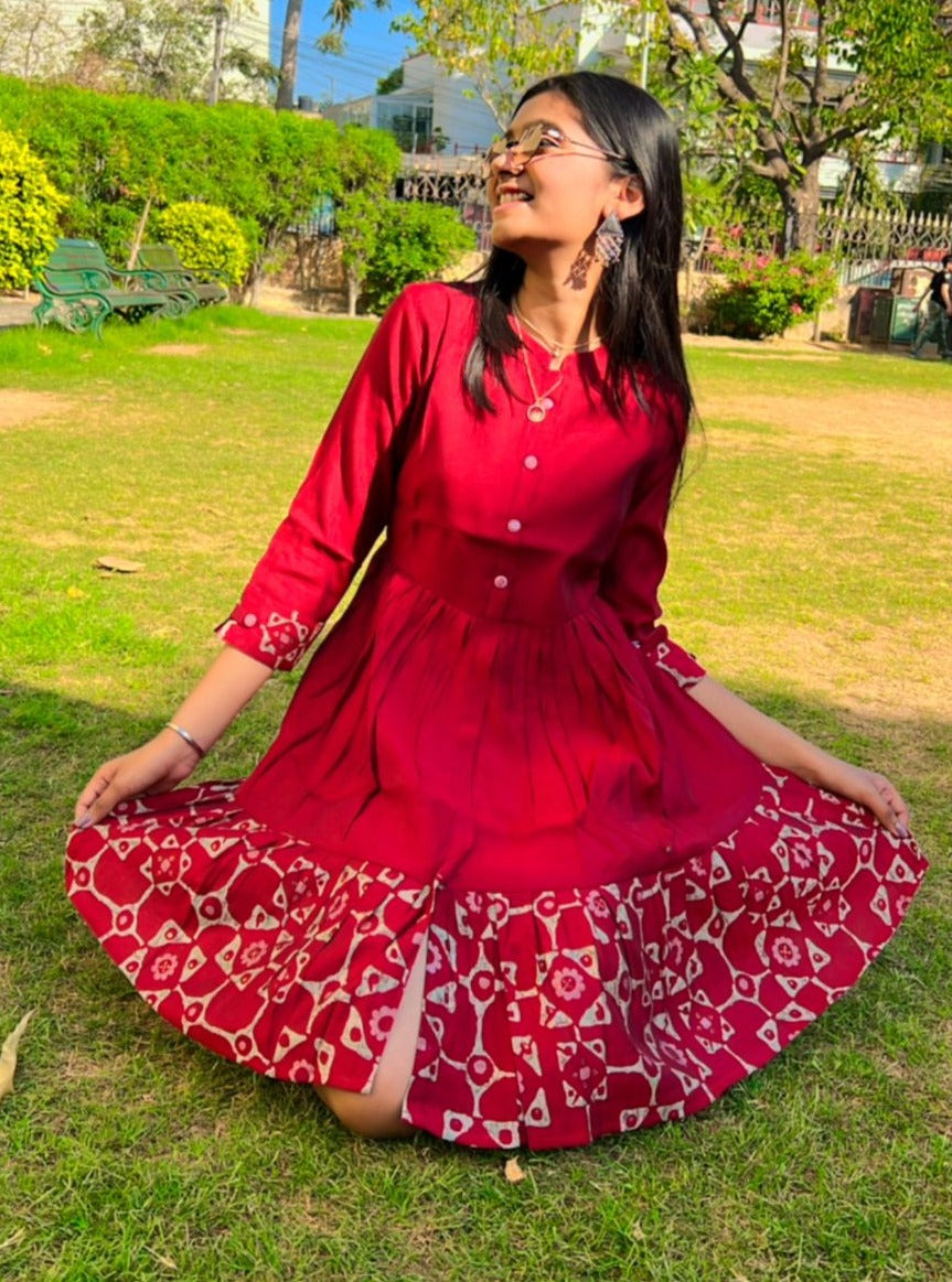 Maternity Short Dress Ajrakh- Niksha(Red)