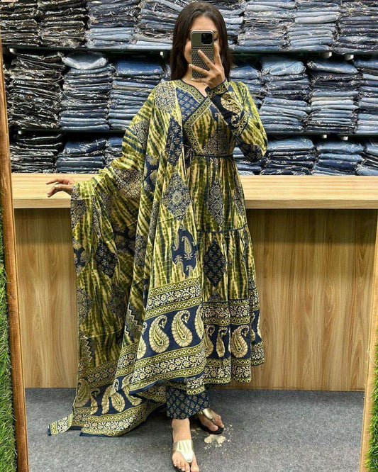 Green beautiful cotton anarkali kurta set angrakha style