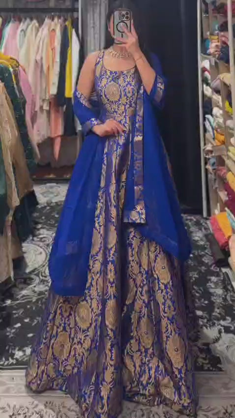 Royal Brocade Banarasi Silk Anarkali Gown with Matching Dupatta