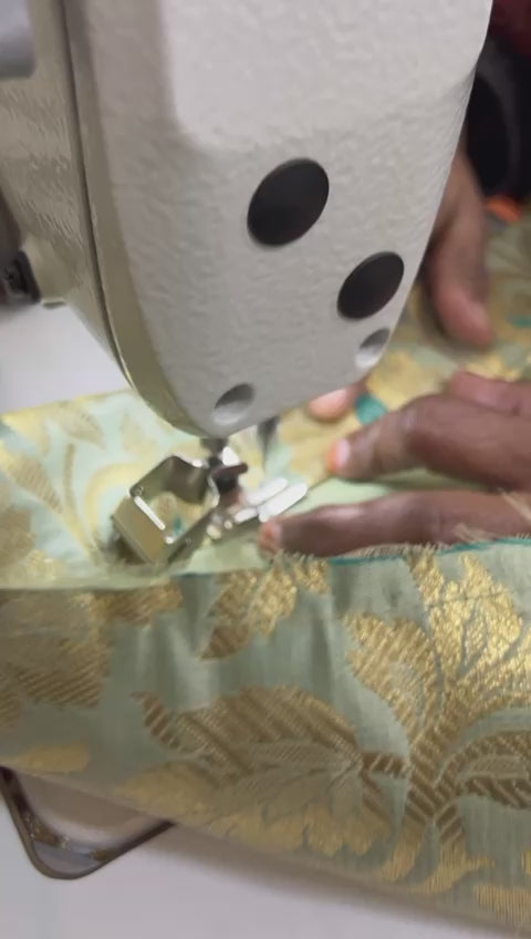 Handwoven Banarasi Brocade Suit Widelegged Party Wear Jumpsuit In Pista Golden Colour, Free Shipping Worldwide