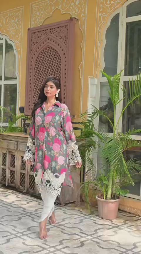 Abstract Floral Printed Embroidered Straight Fit Kurta with Dhoti Pant - Multi