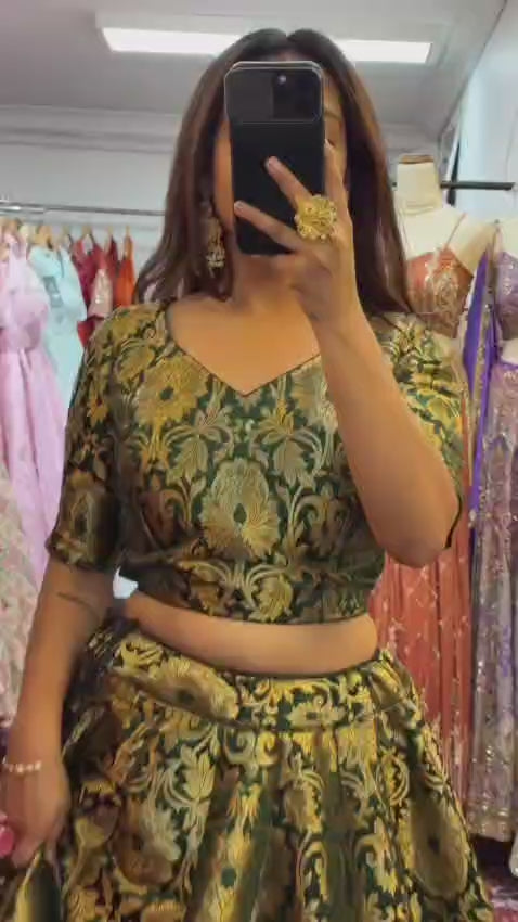 Gold Brocade & Deep Green Bropcade Lehenga Choli