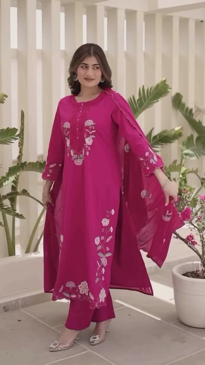 Heavy Cotton 3 Piece Suit Set With Embroidery Dupatta