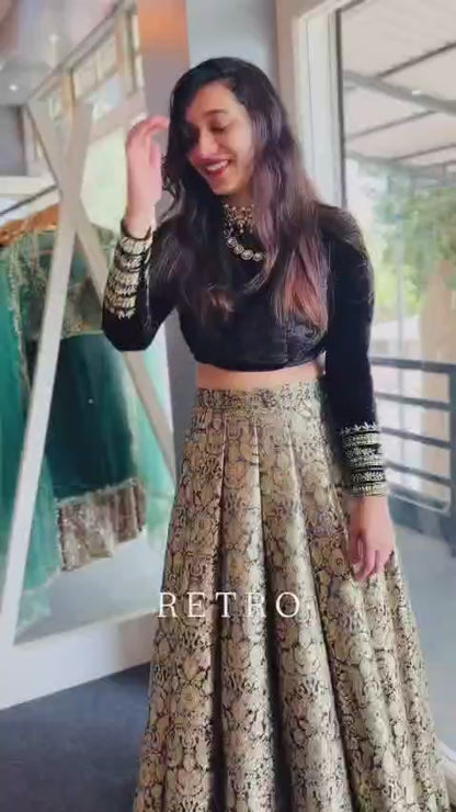 Midnight Black Velvet & Golden Brocade Lehenga Set