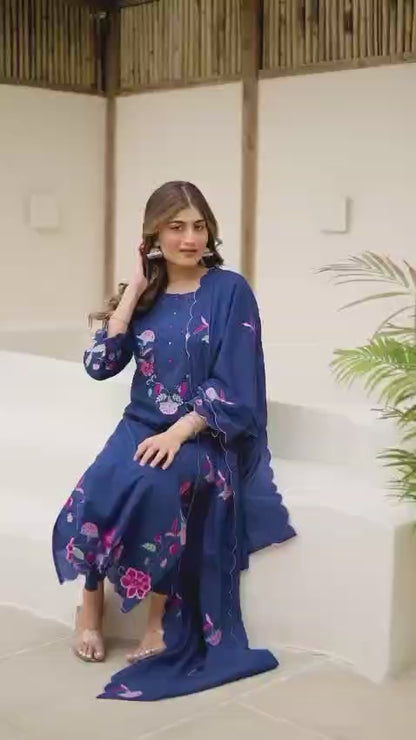 Heavy Cotton 3 Piece Suit Set With Embroidery Dupatta