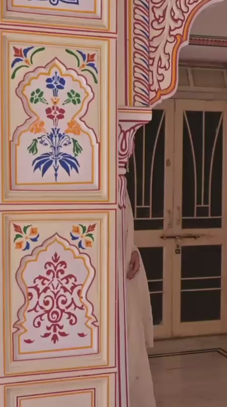 Ivory & Gold Hand-Embroidered Festive cotton Anarkali with Zari Border