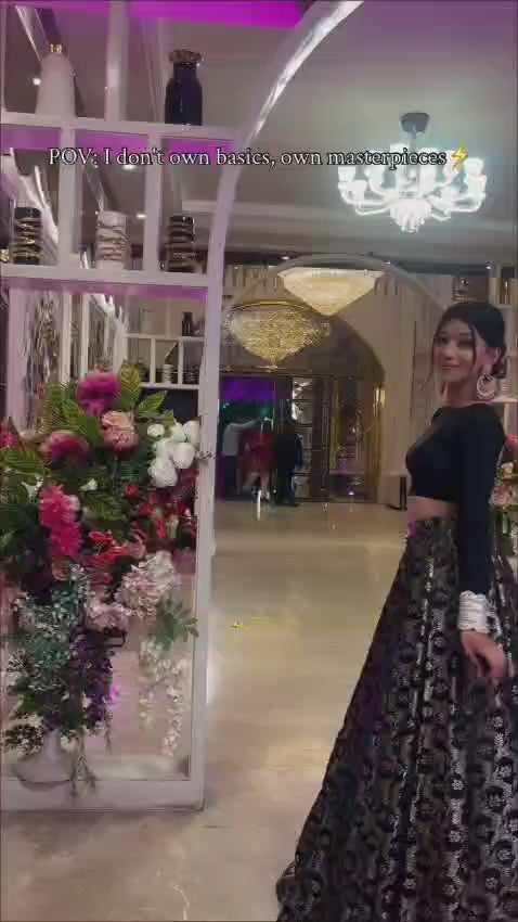 Black Banarasi Brocade Lehnga with Long Sleeve Crop Top & Zari Work