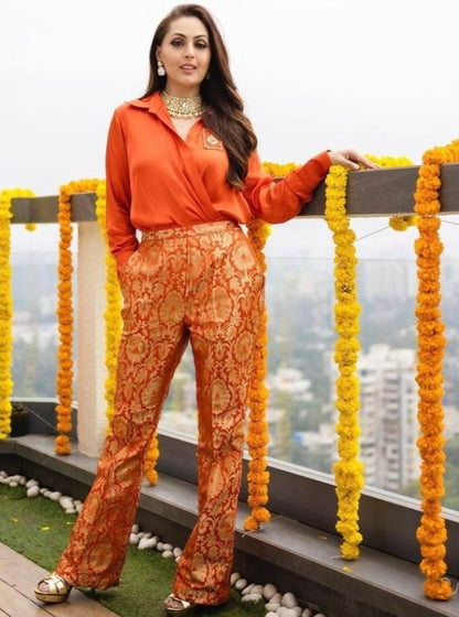 Raw silk shirt with Banarasi brocade pant coord set