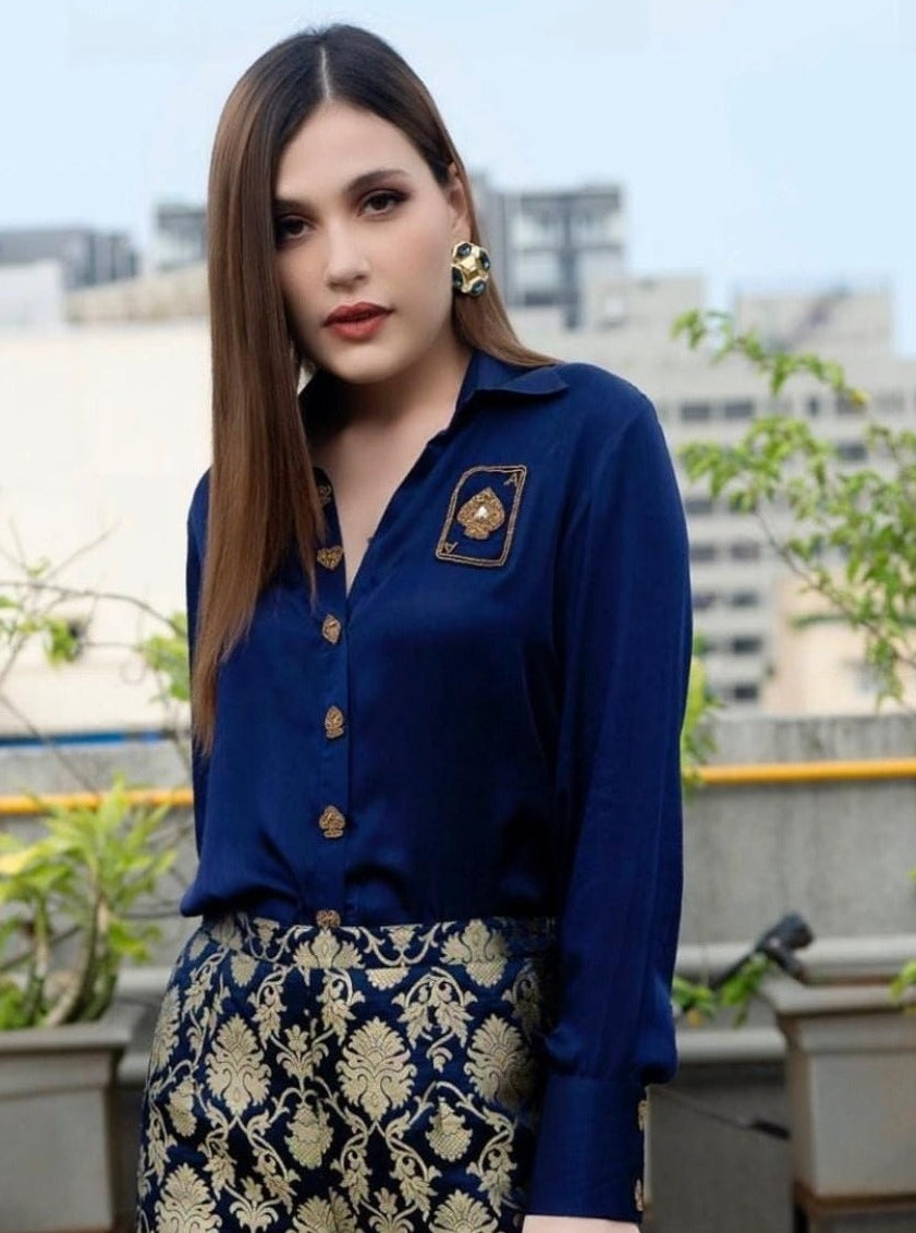 Raw silk shirt with Banarasi brocade pant coord set