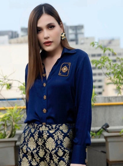 Raw silk shirt with Banarasi brocade pant coord set