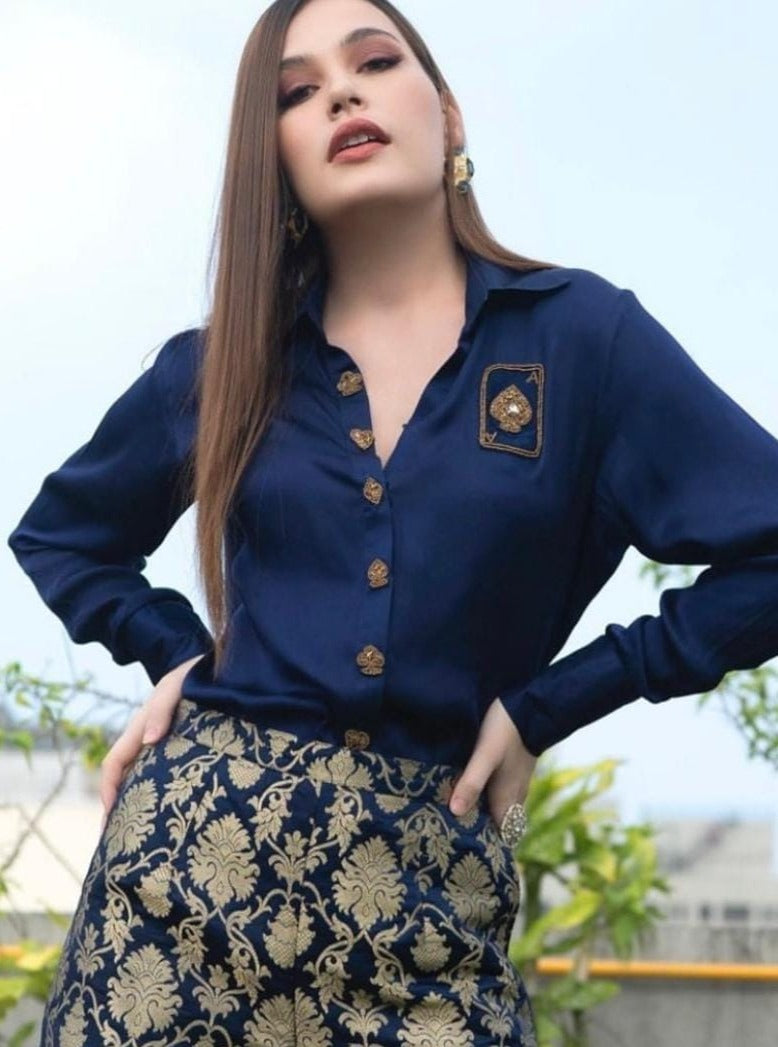 Raw silk shirt with Banarasi brocade pant coord set