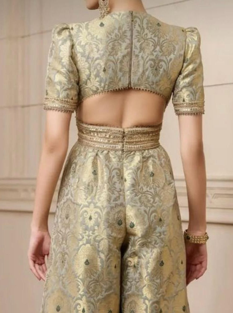 Handwoven Banarasi Brocade Suit Widelegged Party Wear Jumpsuit In Pista Golden Colour