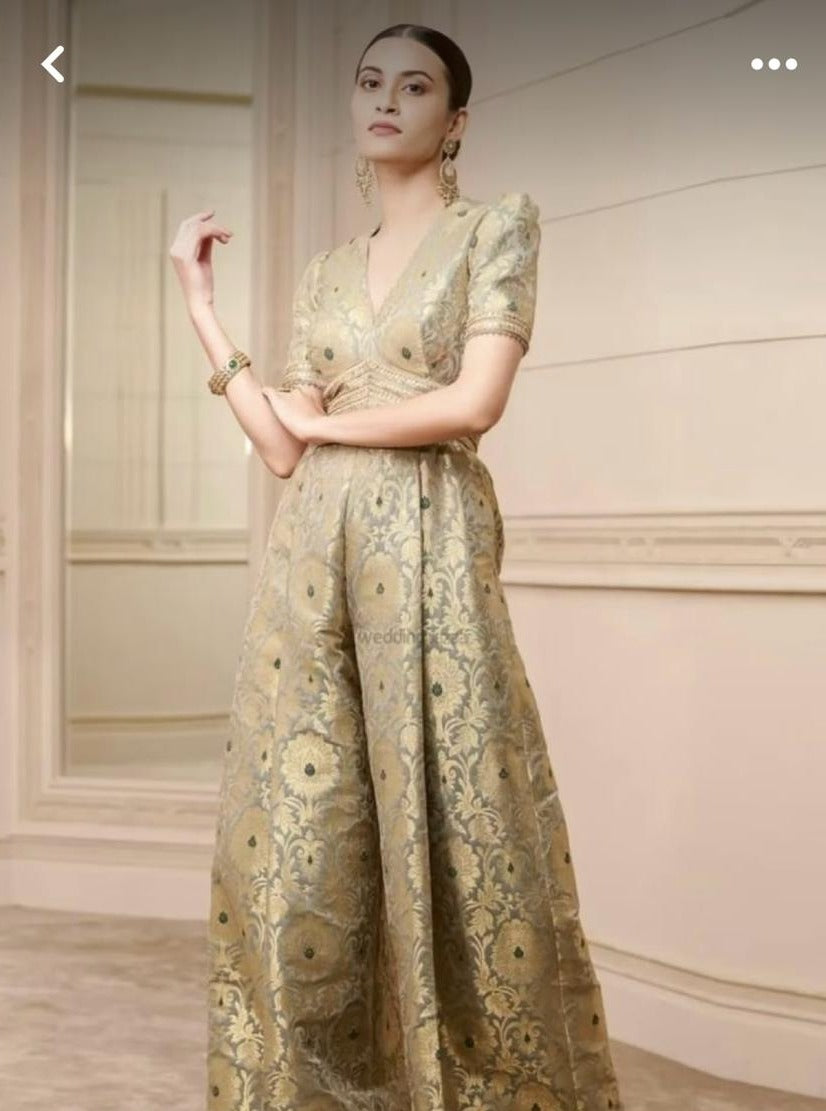 Handwoven Banarasi Brocade Suit Widelegged Party Wear Jumpsuit In Pista Golden Colour, Free Shipping Worldwide