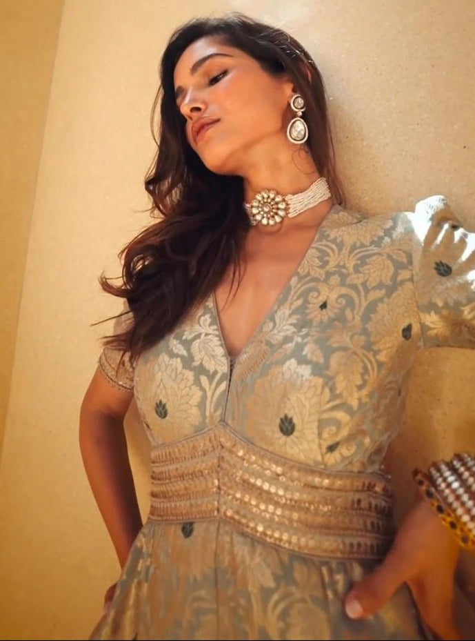 Handwoven Banarasi Brocade Suit Widelegged Party Wear Jumpsuit In Pista Golden Colour, Free Shipping Worldwide