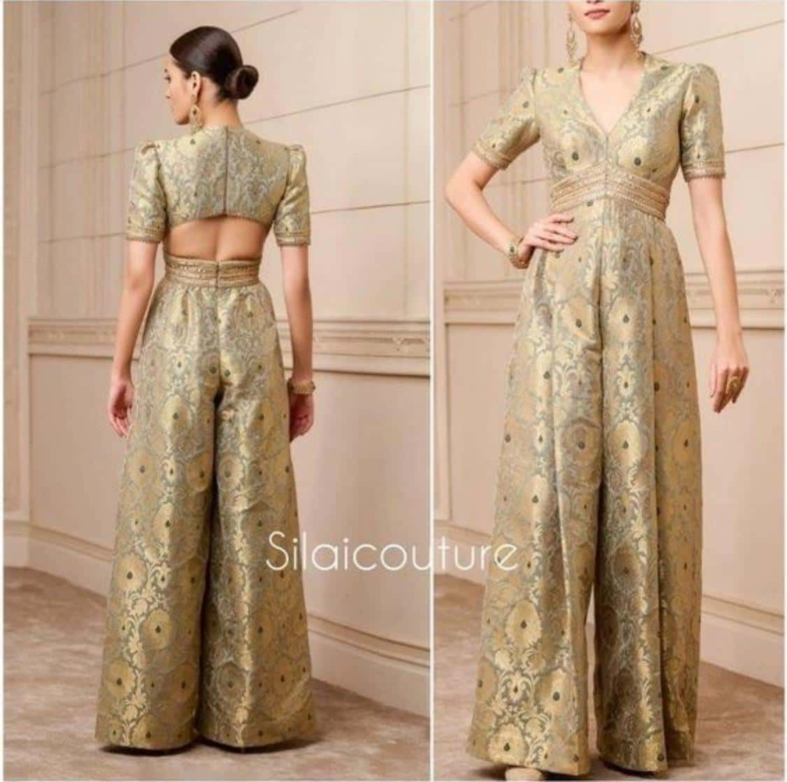 Handwoven Banarasi Brocade Suit Widelegged Party Wear Jumpsuit In Pista Golden Colour, Free Shipping Worldwide