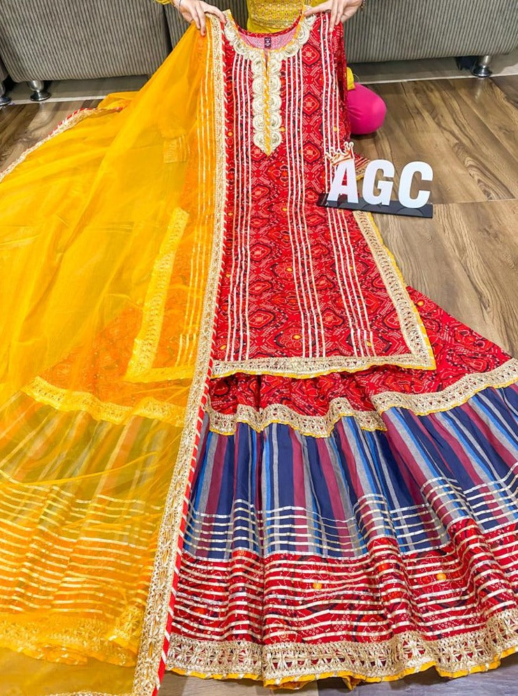 Colorful Cotton Kurti Set With Gota & Lace Detailing