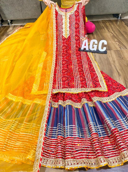 Colorful Cotton Kurti Set With Gota & Lace Detailing