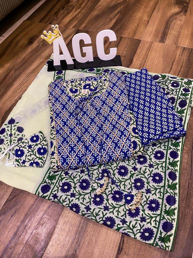 Cotton Block Print Anarkali Kurta - Blue & Green Mix