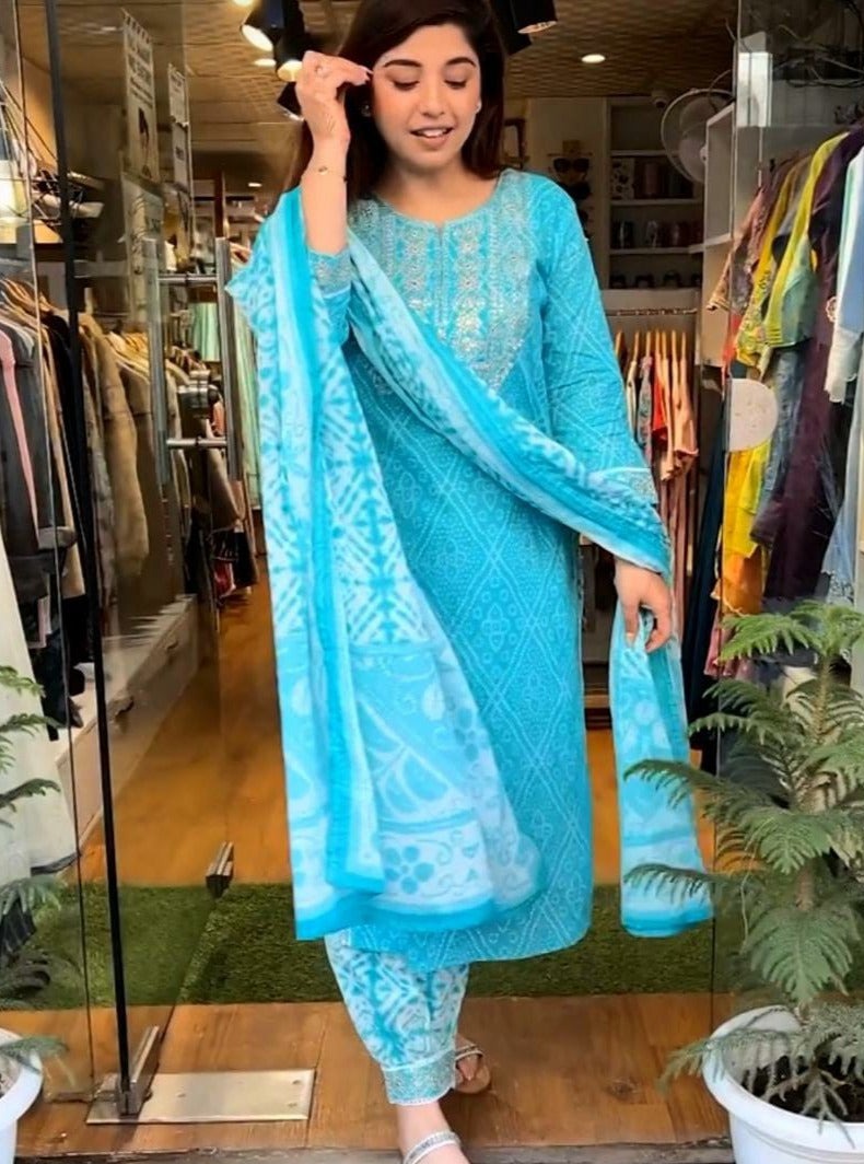 Sky Blue Cotton Kurti With Embroidered Yoke & Puffy Sleeves