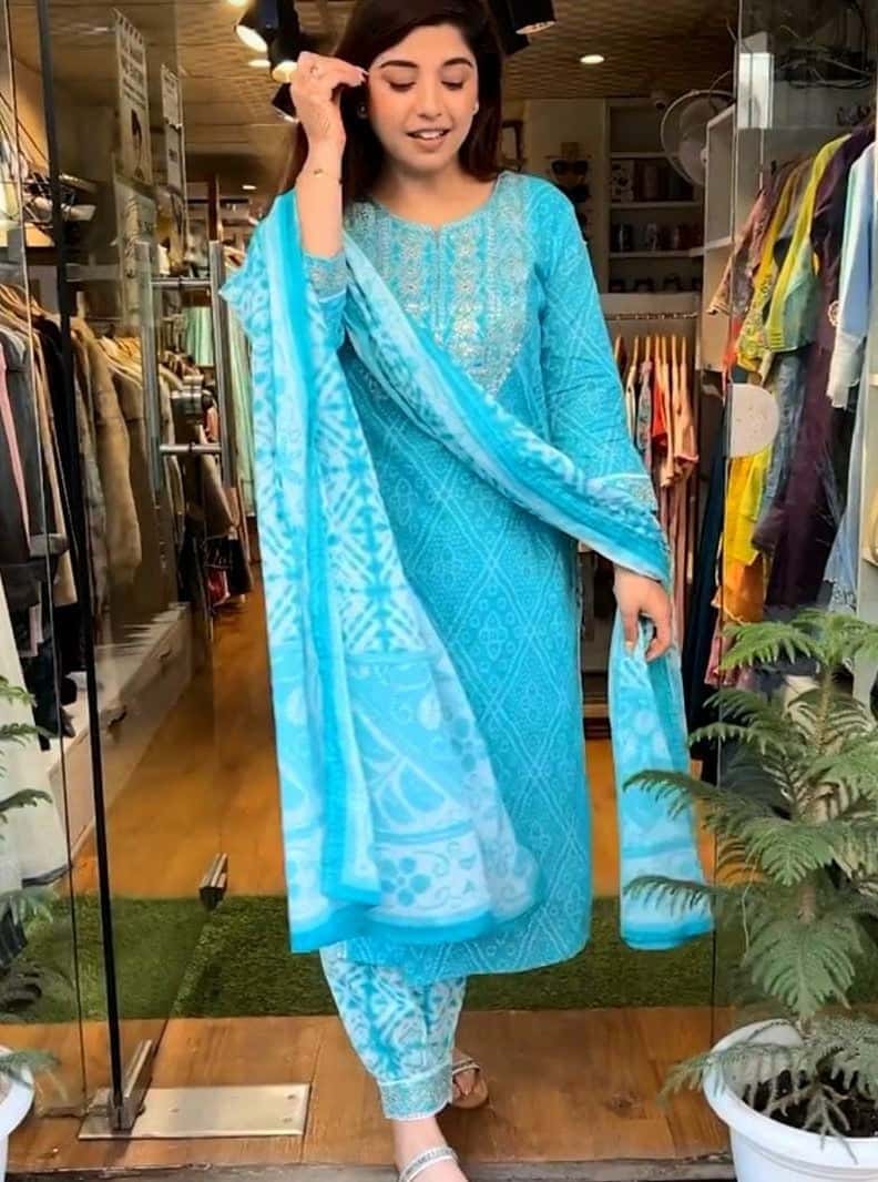 Sky Blue Cotton Kurti With Embroidered Yoke & Puffy Sleeves