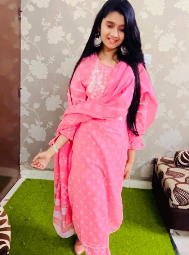 Pink Embroidered Kurti Set with Dupatta