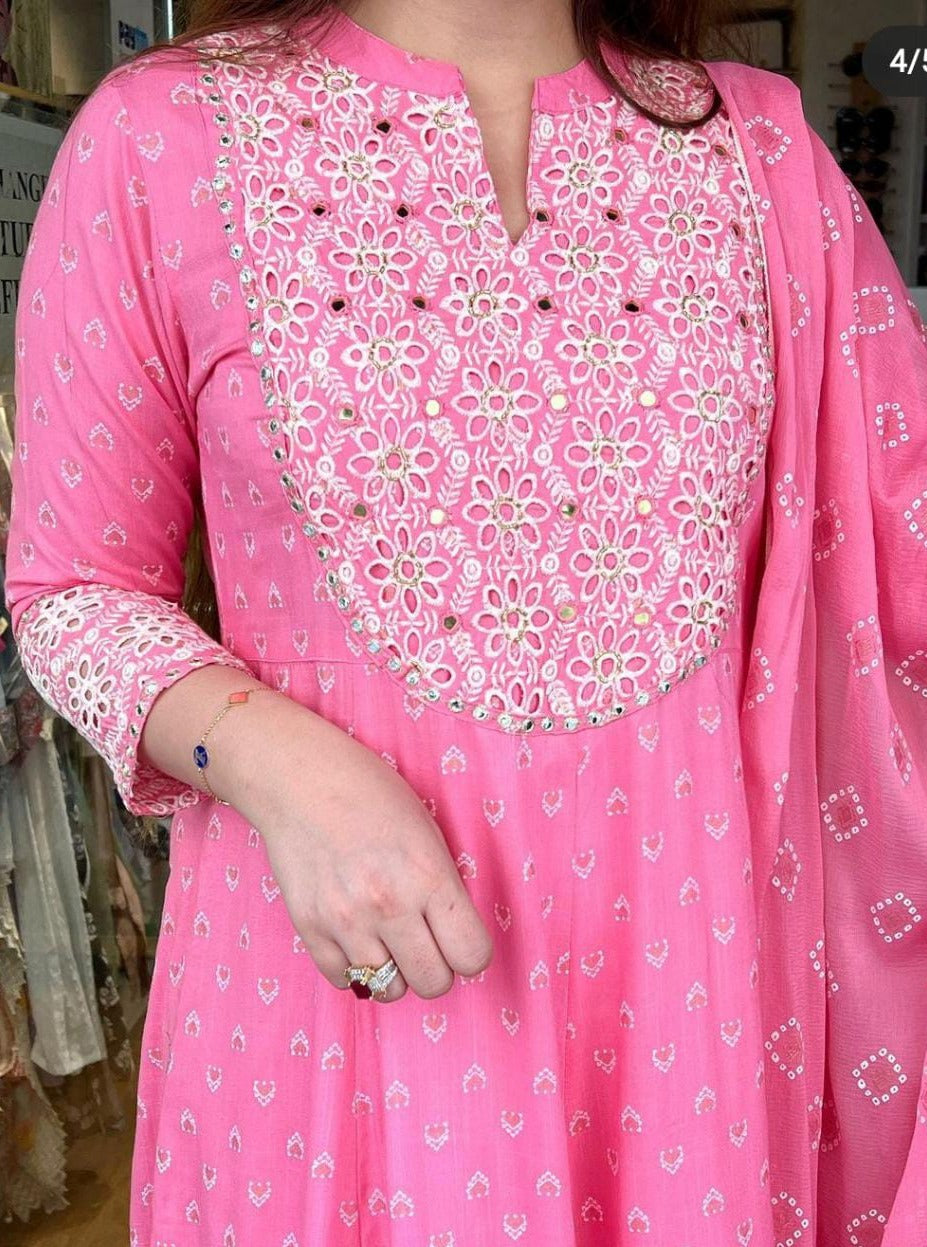 Pink Cotton Anarkali Set with Mirror Yoke & Bandhej Dupatta