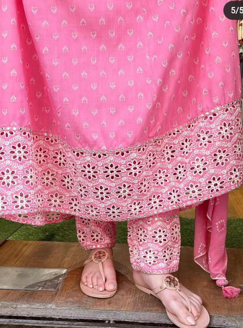 Pink Cotton Anarkali Set with Mirror Yoke & Bandhej Dupatta