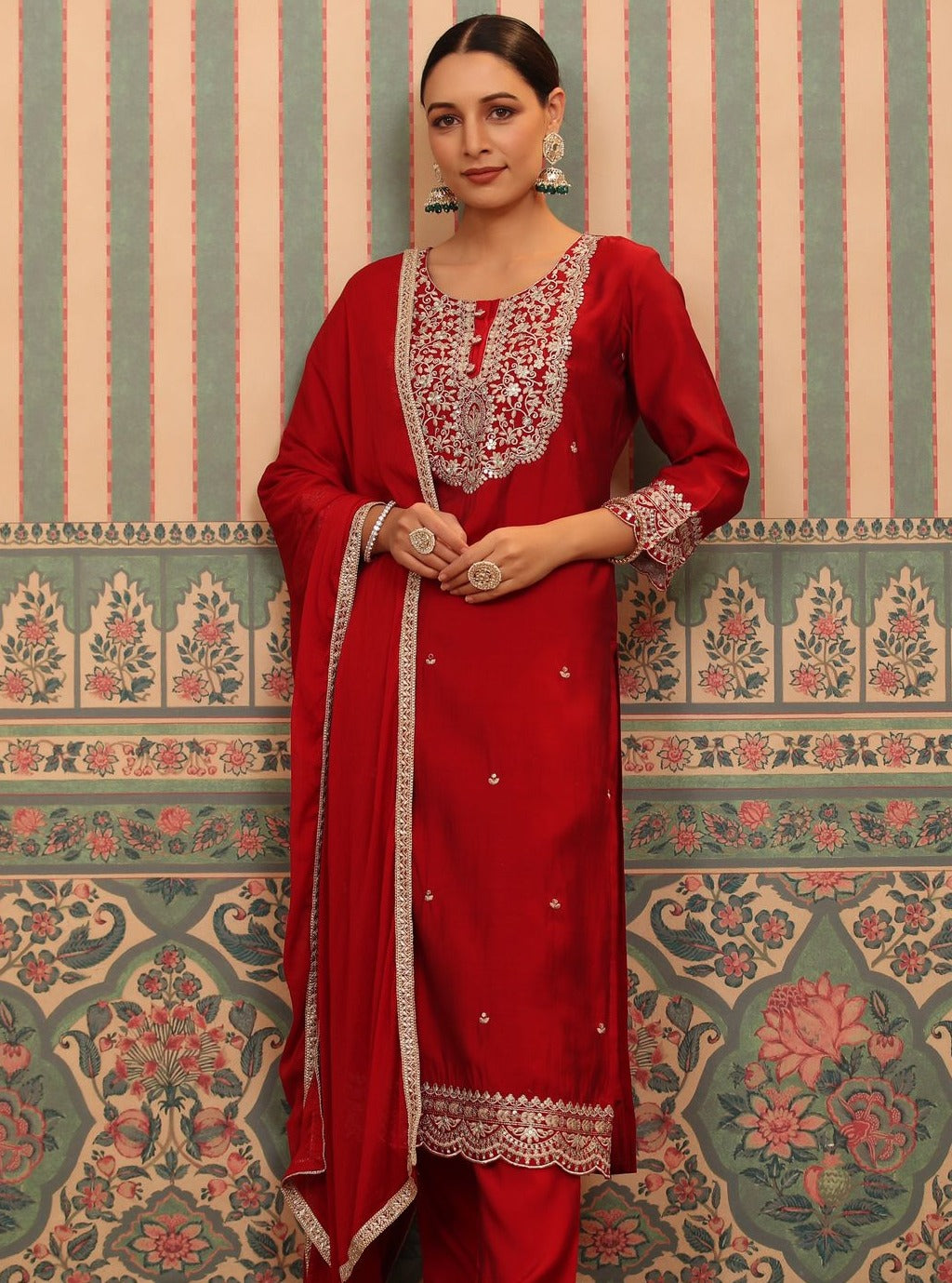 Red Special Dola Fabric Kurta Set with Zari