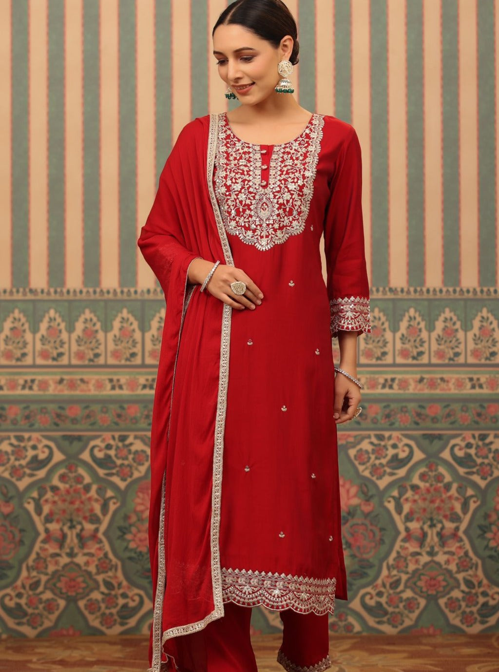 Red Special Dola Fabric Kurta Set with Zari