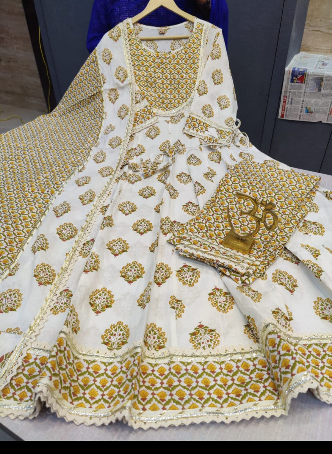 Block Print Anarkali Kurti Set With Pants & Dupatta