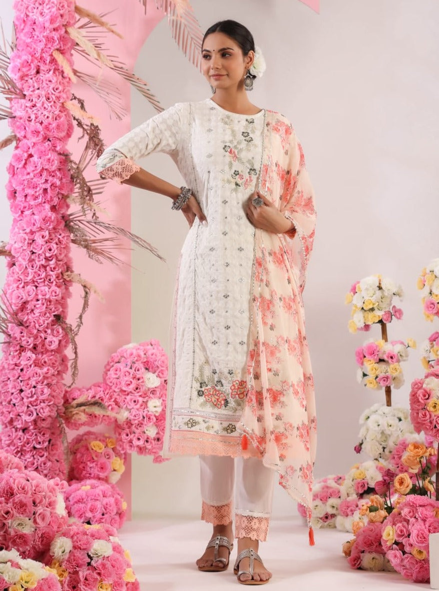 White and Peach Cotton Kurti Set with Side-Slit and Dupatta