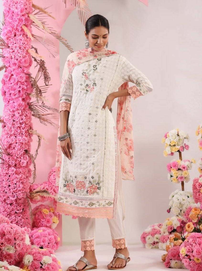 White and Peach Cotton Kurti Set with Side-Slit and Dupatta