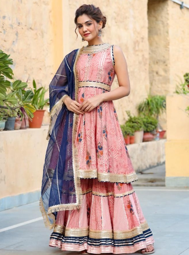 Blue Peplum Set With Gota Work Sharara & Organza Dupatta