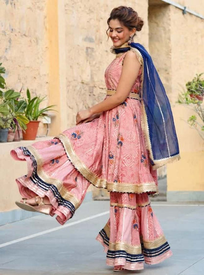 Blue Peplum Set With Gota Work Sharara & Organza Dupatta