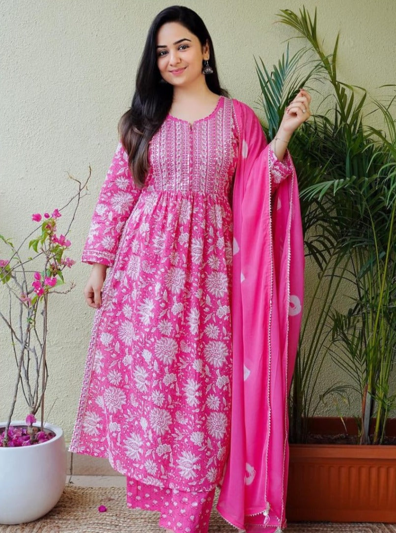 Pink Handblock Kurta Set