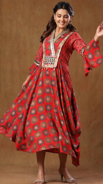 Muslin Silk Cowl Neck Dress With Bell Sleeves And Yoke Embroidery