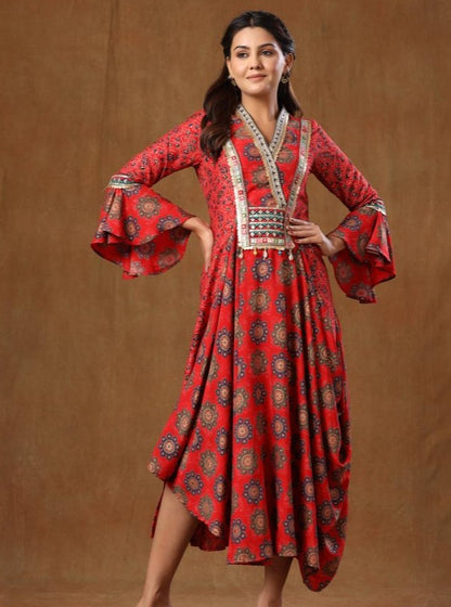 Muslin Silk Cowl Neck Dress With Bell Sleeves And Yoke Embroidery